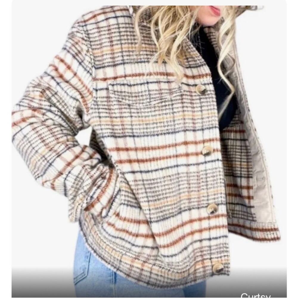 Joie XL soft button front shacket jacket tan plaid fall autumn cozy casual